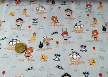 Benny organic cotton poplin grey fabric with animal figures as pirates